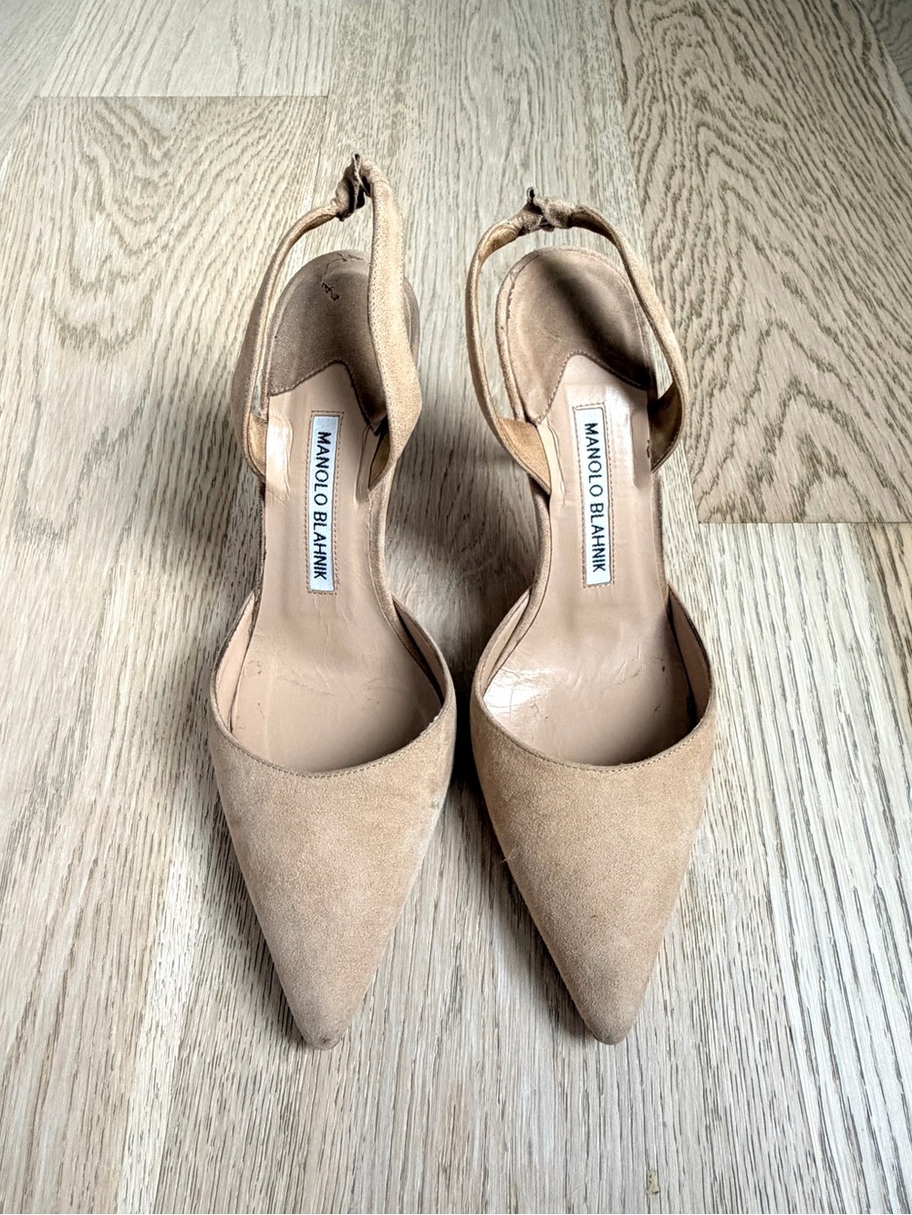 Manolo Blahnik Beige Suede Pointed-Toe Slingback Mule Heels- Megan Markle